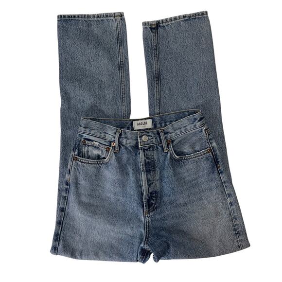 Agolde High Waisted Washed Blue Denim Button Fly Ripped Straight Jeans size 26 - Picture 3 of 11